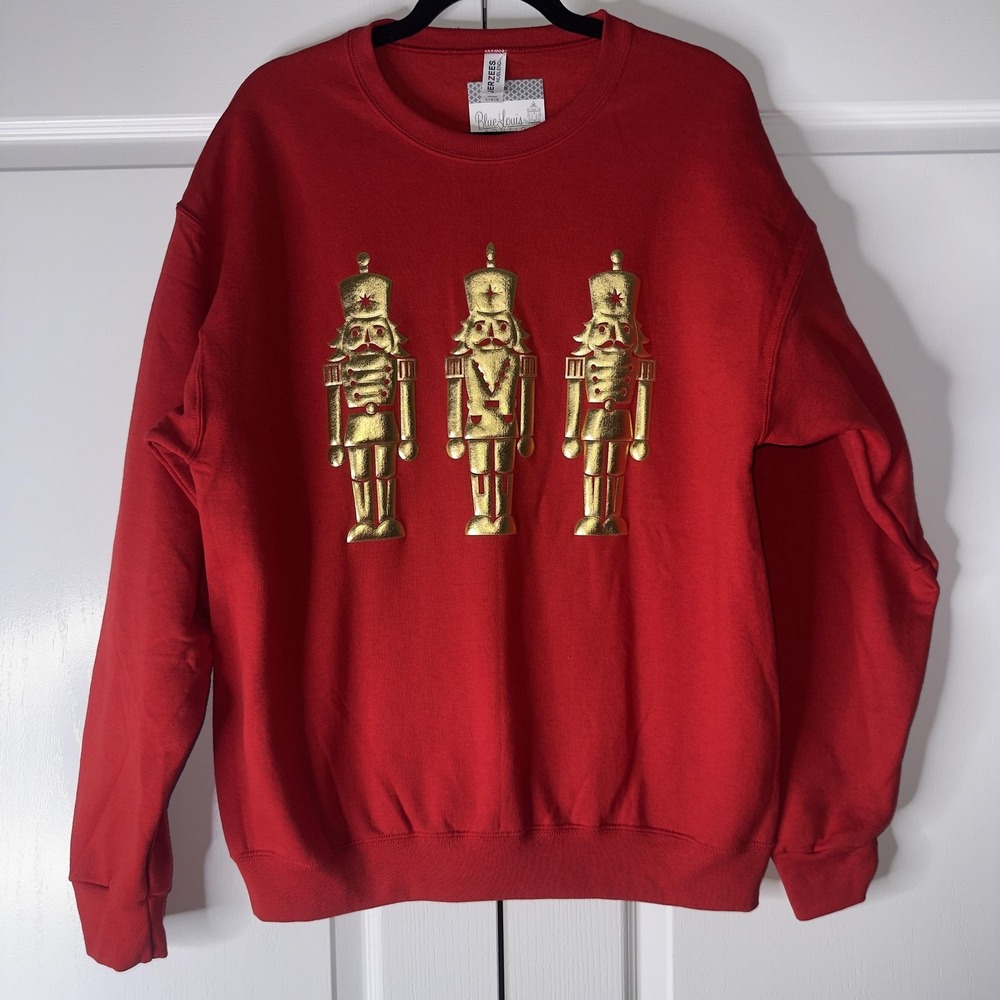 Jerzees Sweatshirt Womens Large Red Nutcracker Christmas Graphic Fleece Pullover
